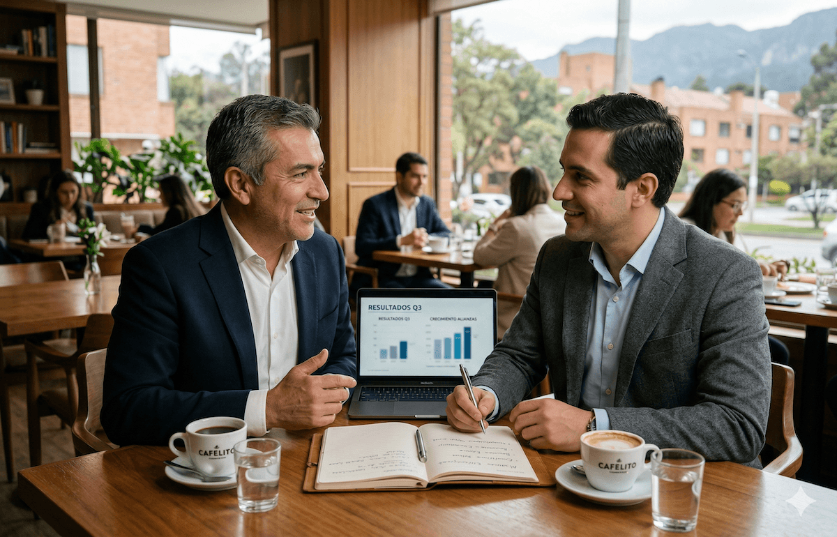 Reunión uno a uno entre empresarios en Bogotá para construir confianza y detectar oportunidades de referidos.