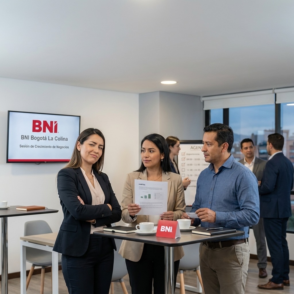 Empresarios revisando métricas y oportunidades en una sesión de networking BNI Bogotá La Colina.
