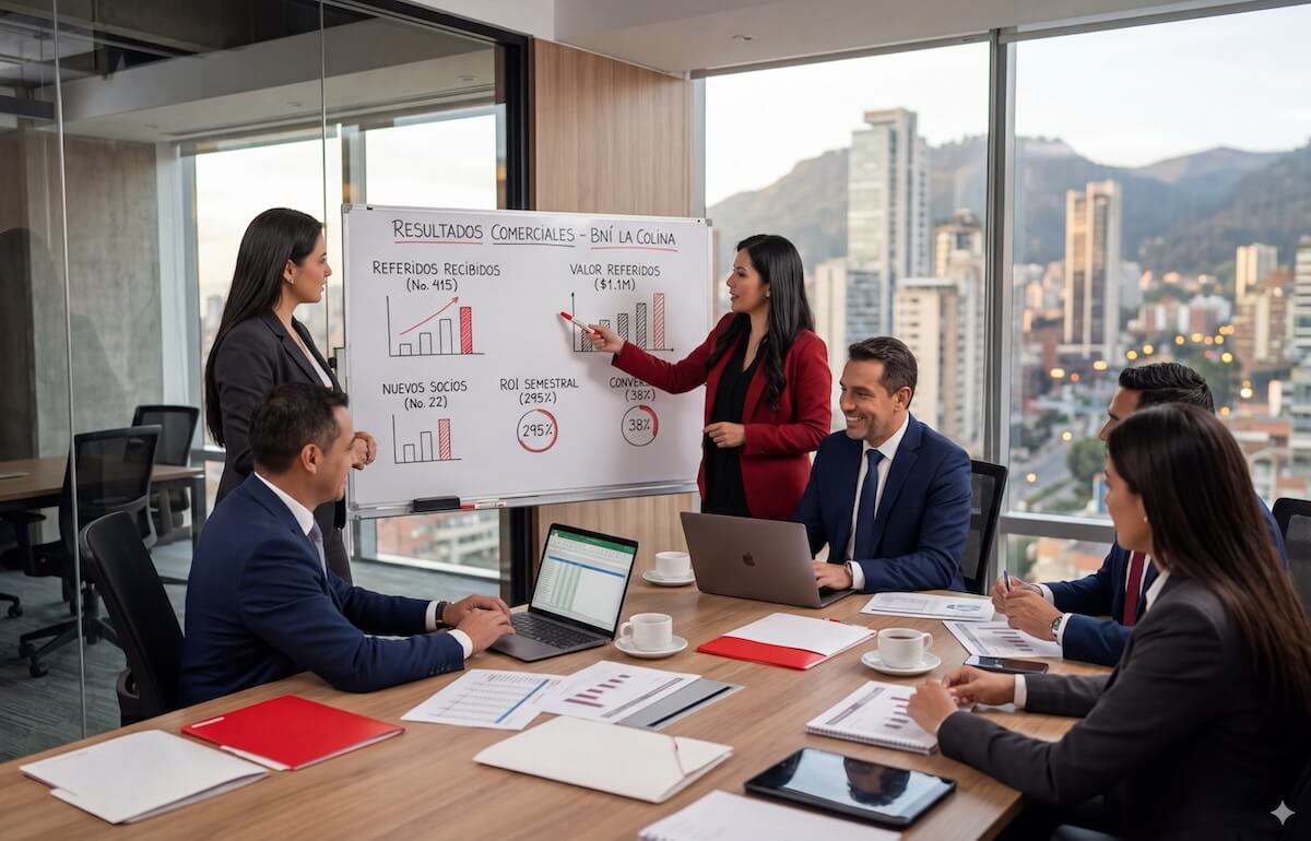 Panel ejecutivo con métricas de retorno y seguimiento de referidos en BNI Bogotá La Colina.
